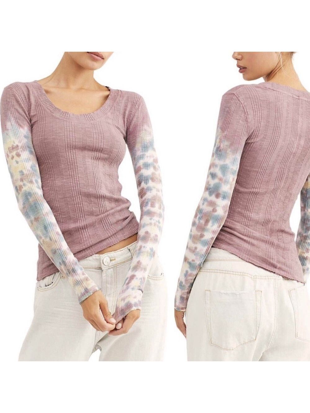 We The Free Big Sur Tie-Dye Long Sleeve Tee Women’s L Misty Mountain Scoop Neck